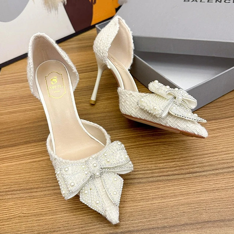Pearl Crystal Bowtie White Wedding Shoes for Party Women
