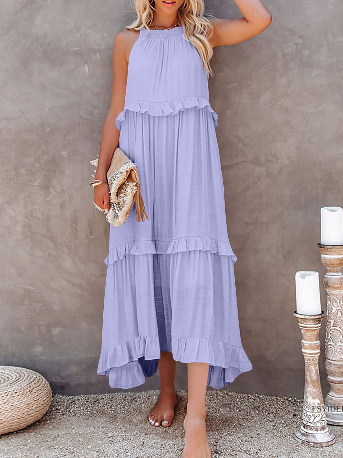 Natural Ruffled Sleeveless Maxi Dress with Pockets