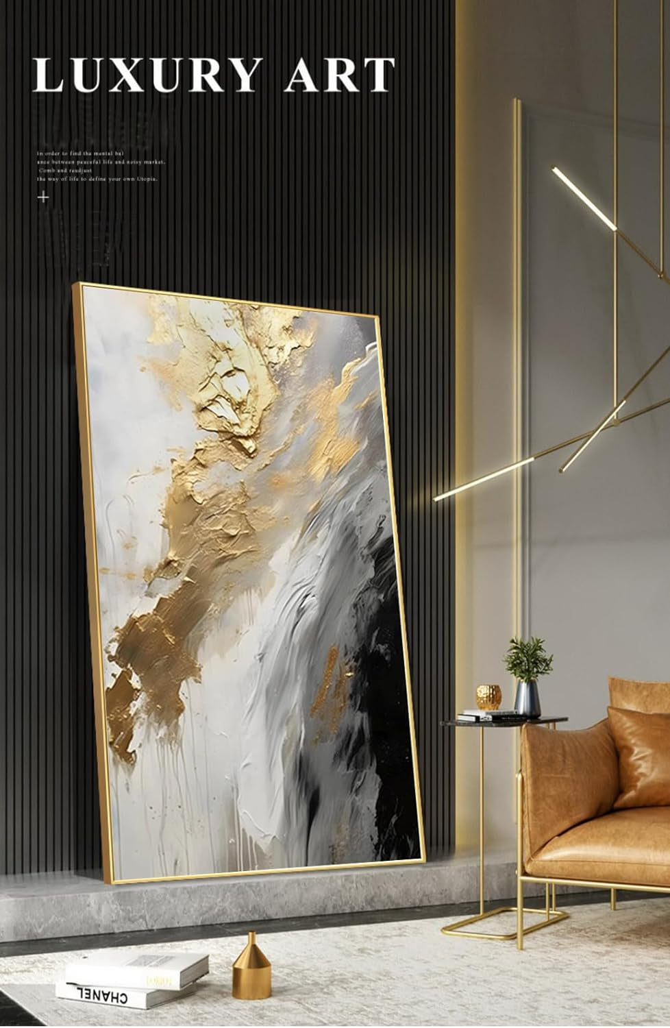 Gold Abstract Oil Painting on Canvas for Entrance-Hall, Framed White and Black Wall Art for Living Room, Home Decoration 24X48Inch