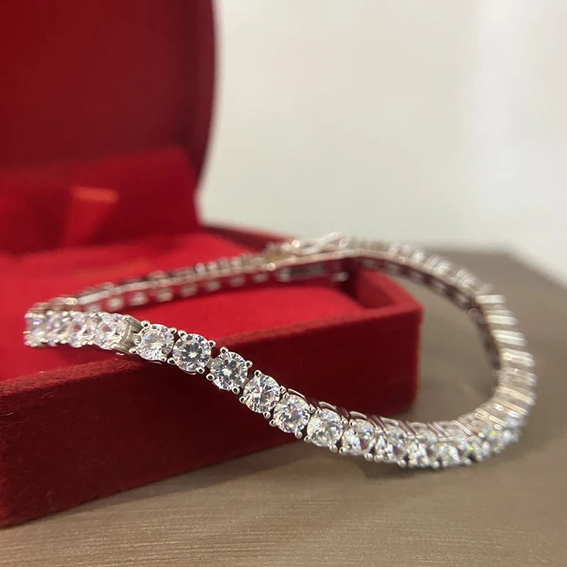 100% 925 Sterling Silver 3/4/5Mm Moissanite Gemstone Bangle Charm Wedding Tennis Chain Bracelet