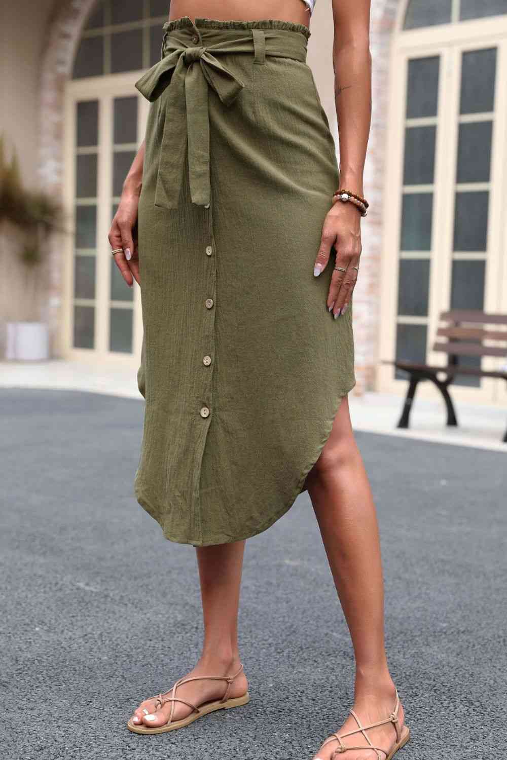 Natural Fabric Tied Belt Frill Trim Buttoned Skirt