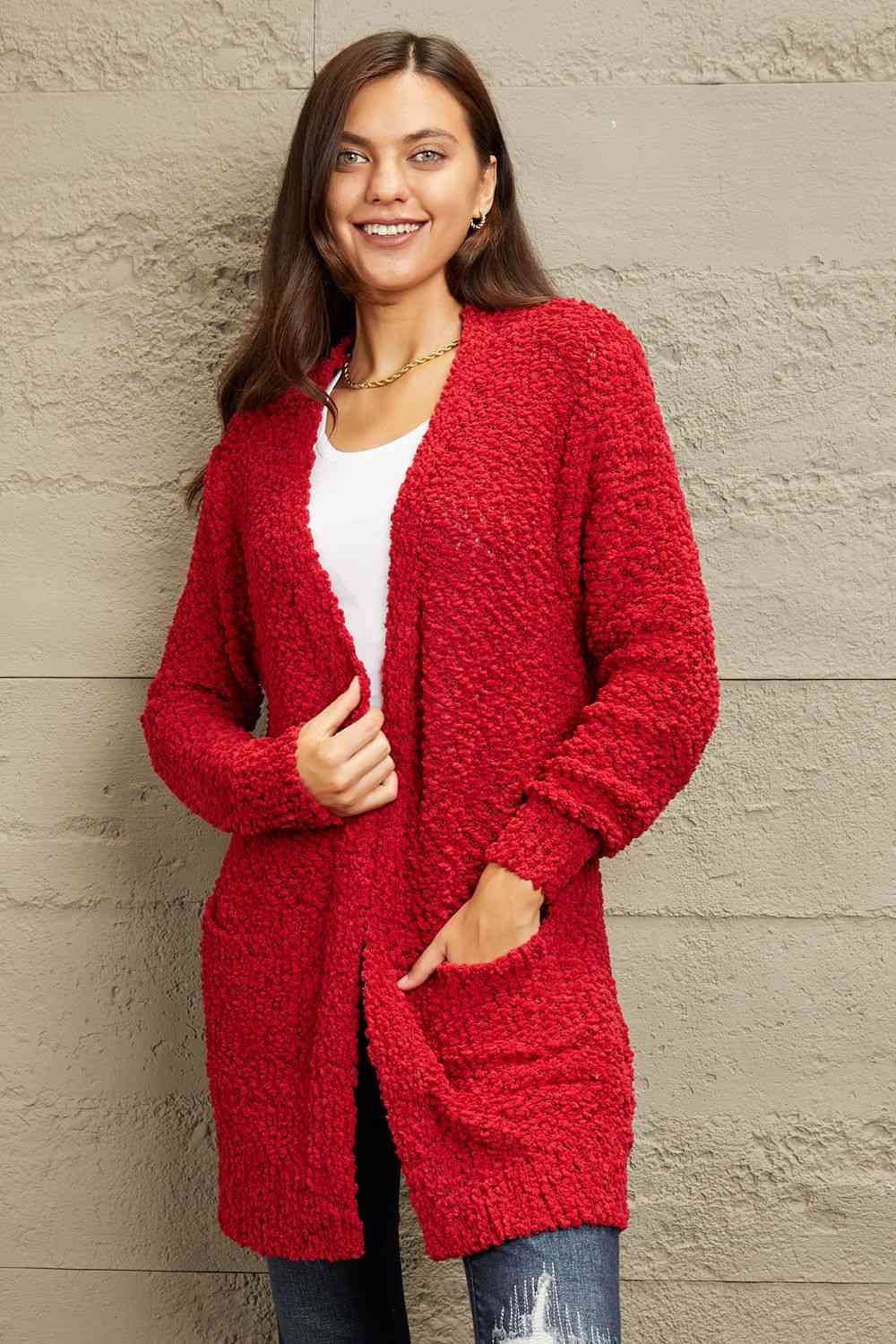 Deep Red Zenana Falling puff fur Full Size Open Front Popcorn Cardigan