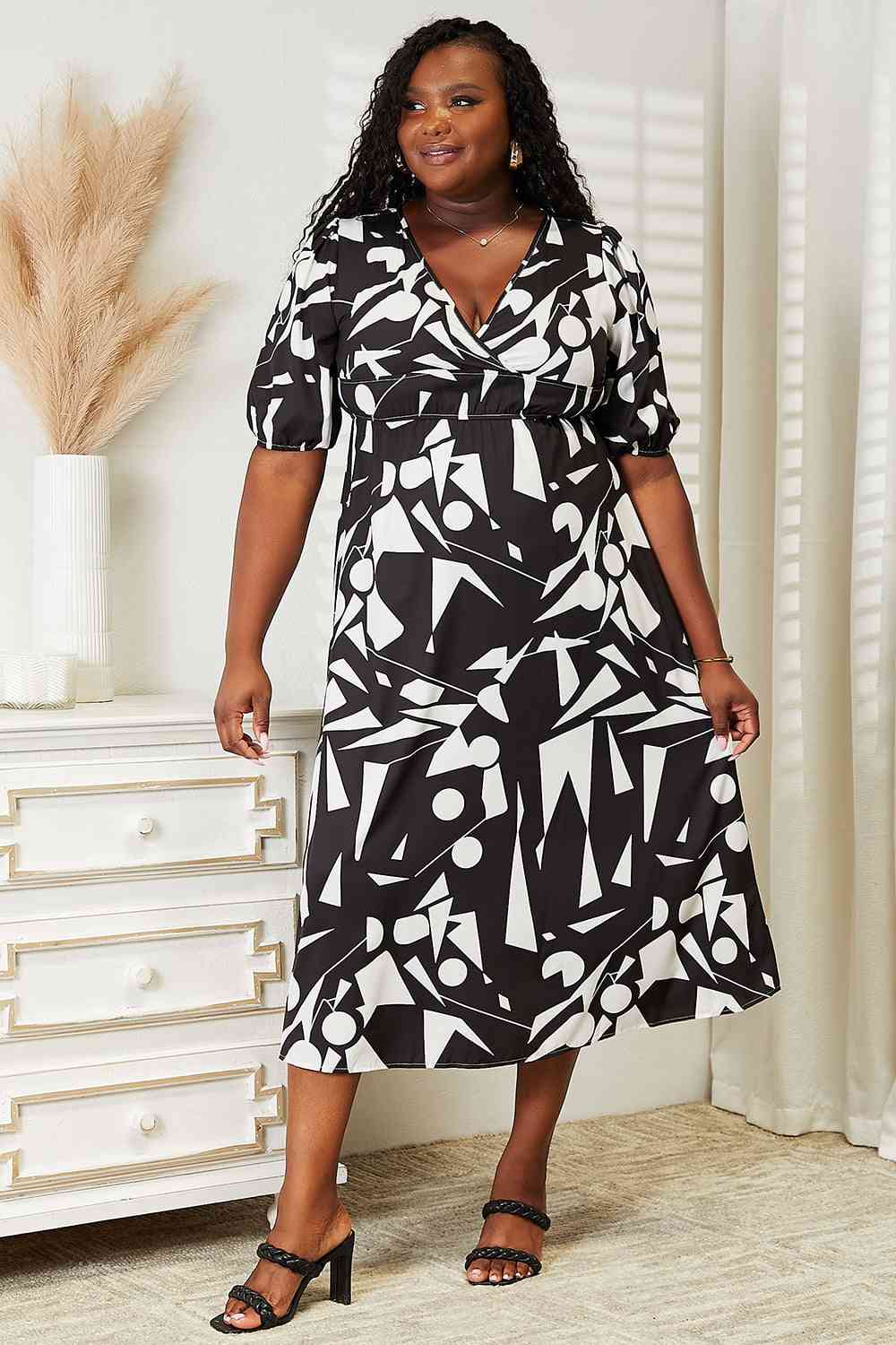 Organic Mud leaves Double Take Printed Surplice Balloon Sleeve Dress