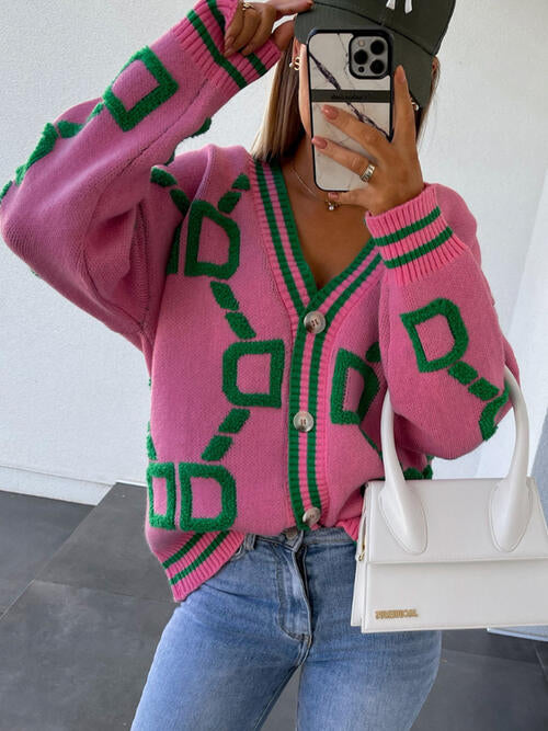 Geometric Squre pattern Dropped Shoulder Button Down Cardigan