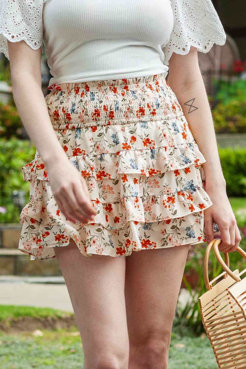 Berry Cute Floral Smocked Waist Layered Skirt