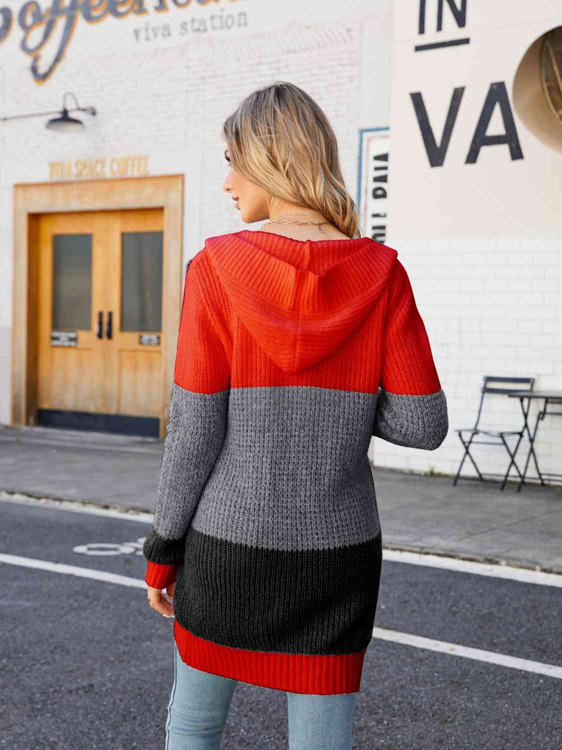 Color Block Warm Basic Open Front Hooded Cardigan