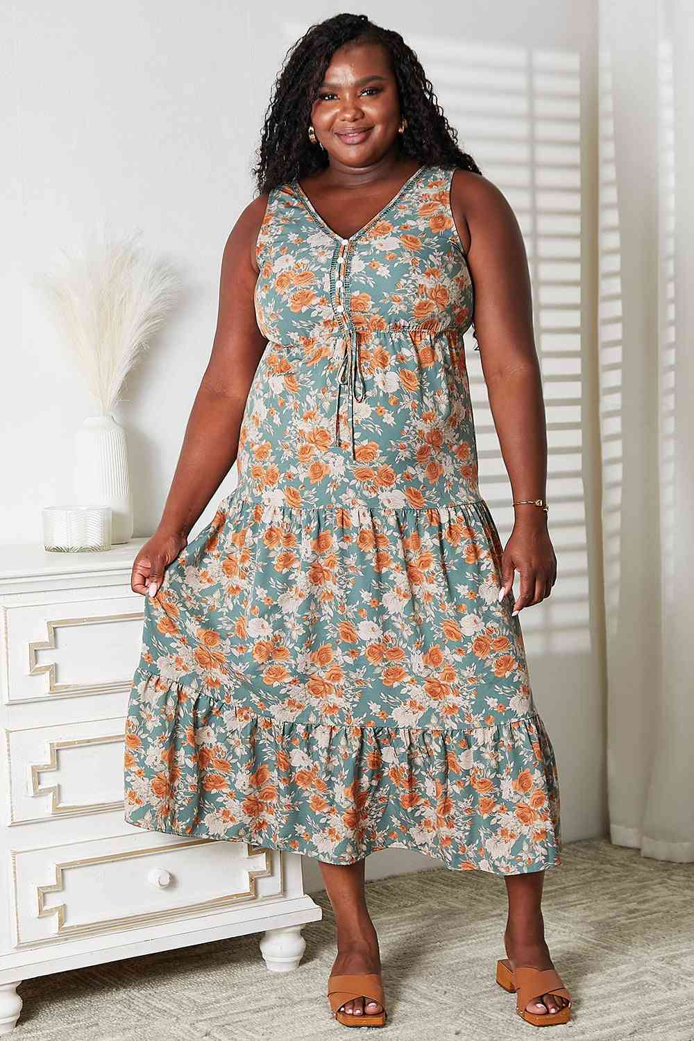 Calm Mid Sounds Double Take Floral V-Neck Tiered Sleeveless Dress