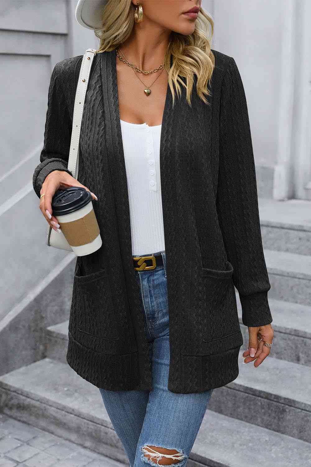 Tiny Basic Cable-Knit Long Sleeve Cardigan with Pocket