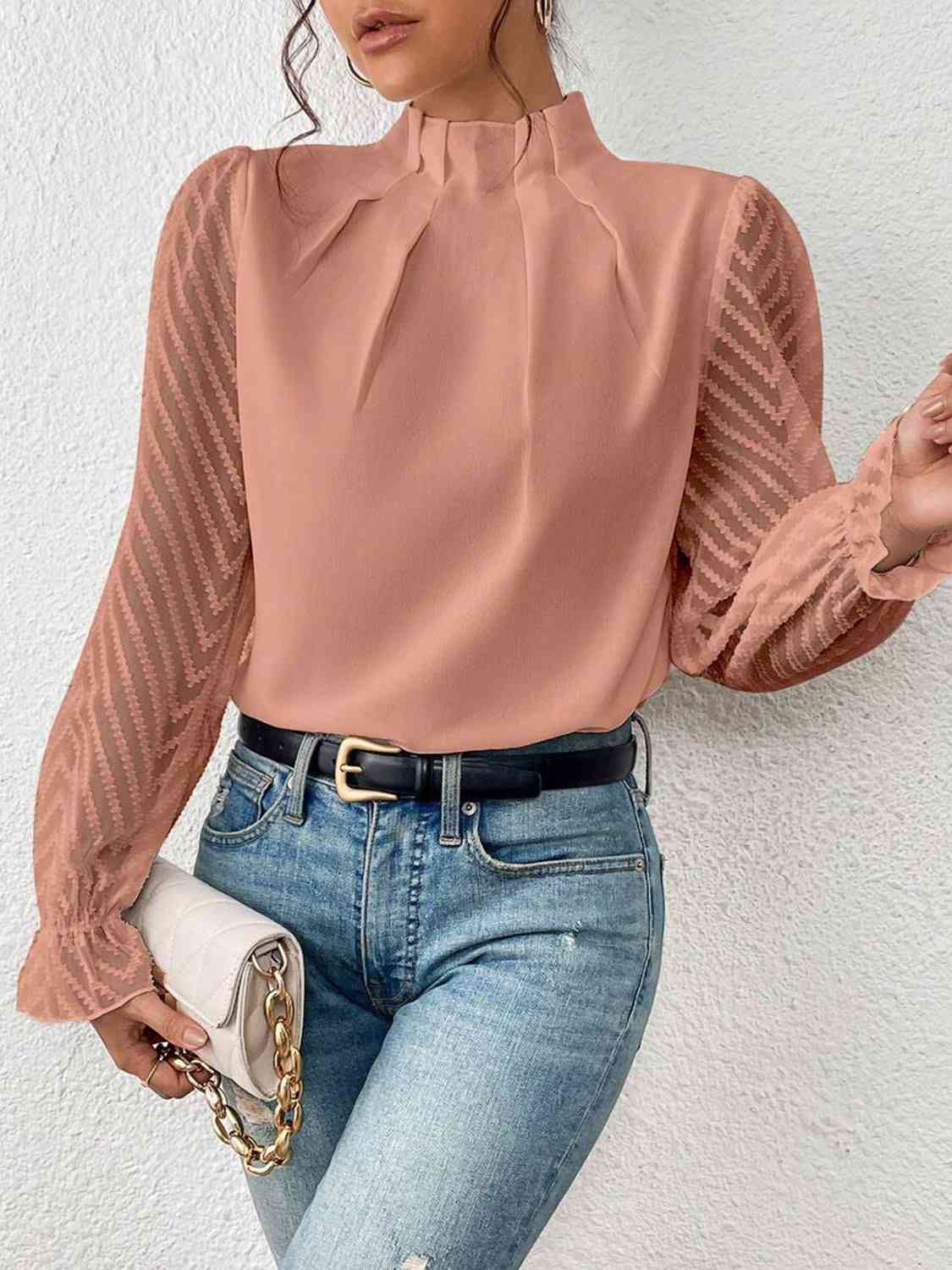 Ruffled Mock Neck anyplace meeting Flounce Sleeve Blouse