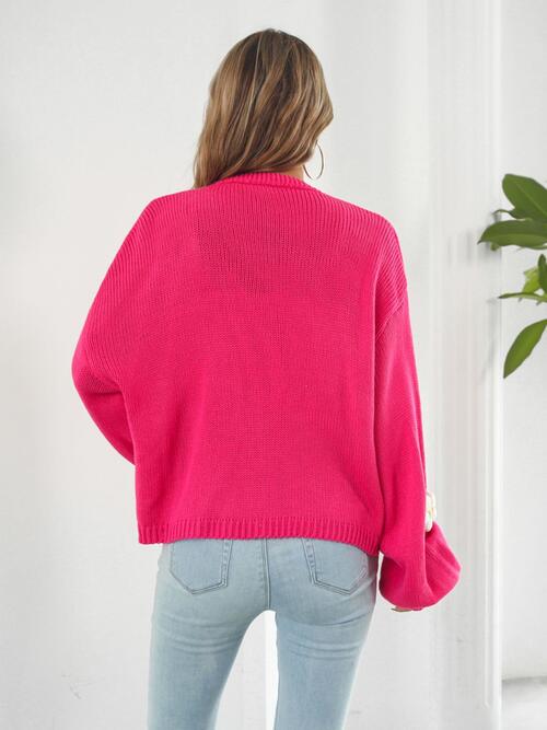 White Floral on Pink Open Front Long Sleeve Cardigan