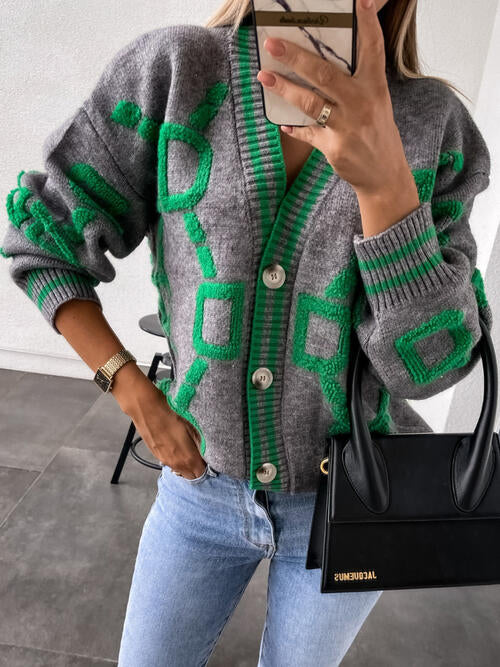 Geometric Squre pattern Dropped Shoulder Button Down Cardigan