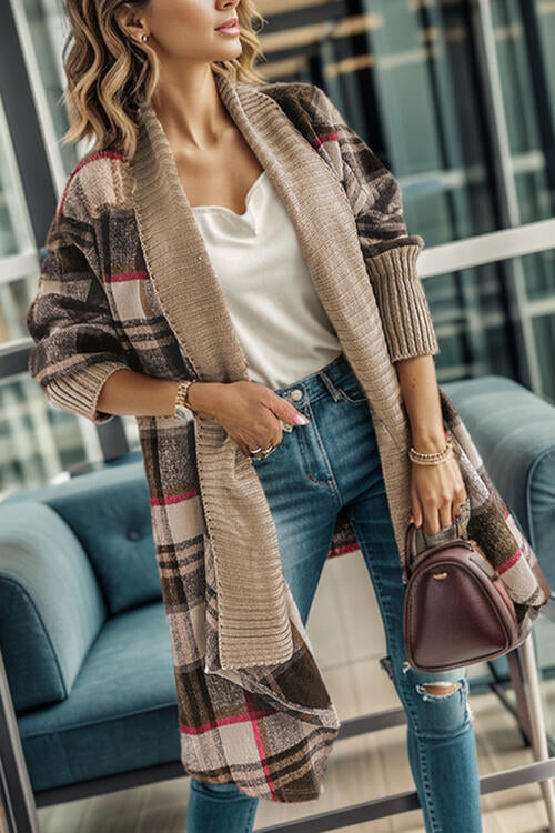 Rare Big Plaid Open Front Long Sleeve Cardigan