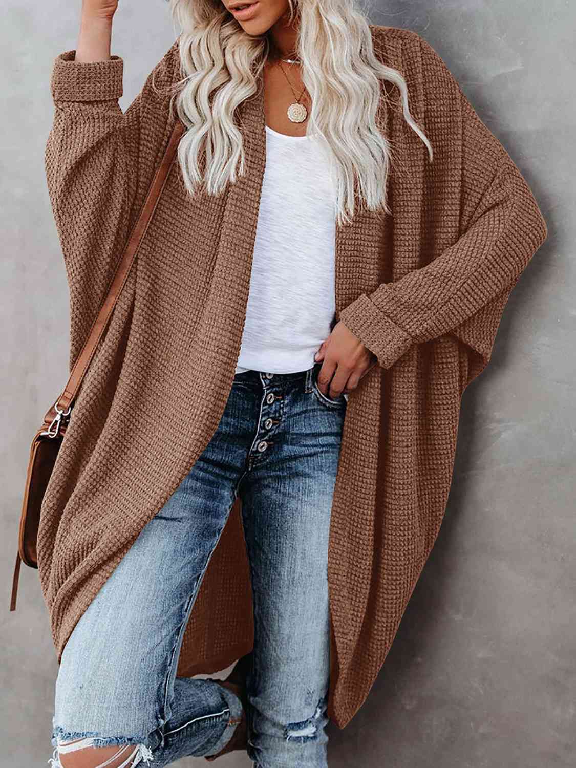 Cream Pink Box Open Front Long Sleeve Cardigan