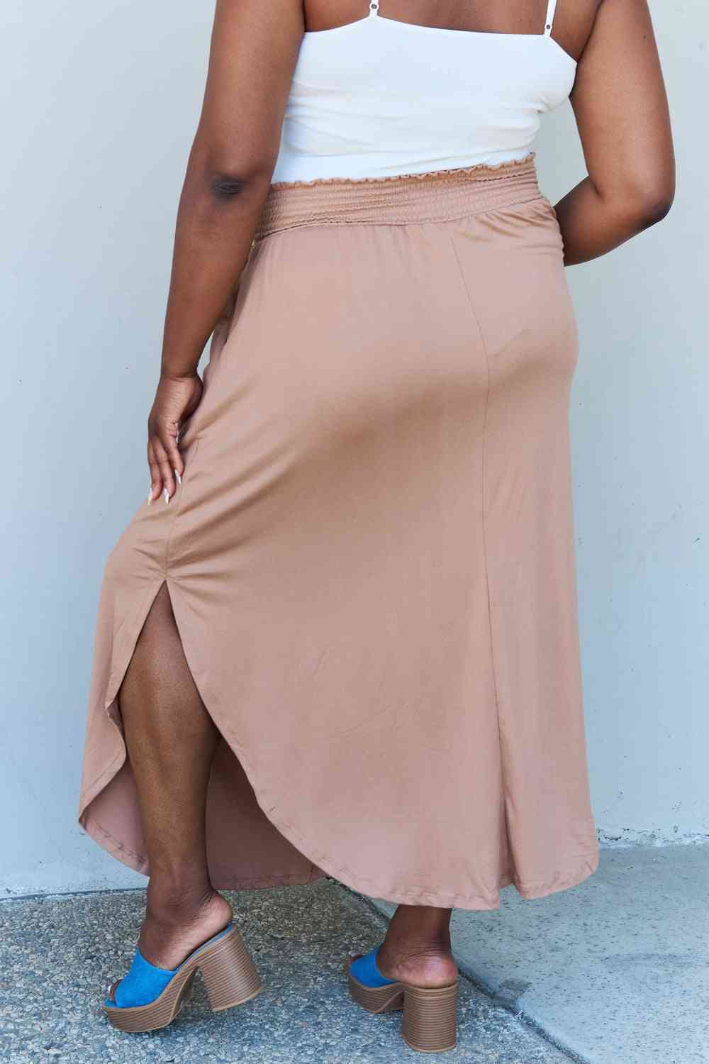 Comfort Easycare Princess Full Size High Waist Scoop Hem Maxi Skirt in Tan