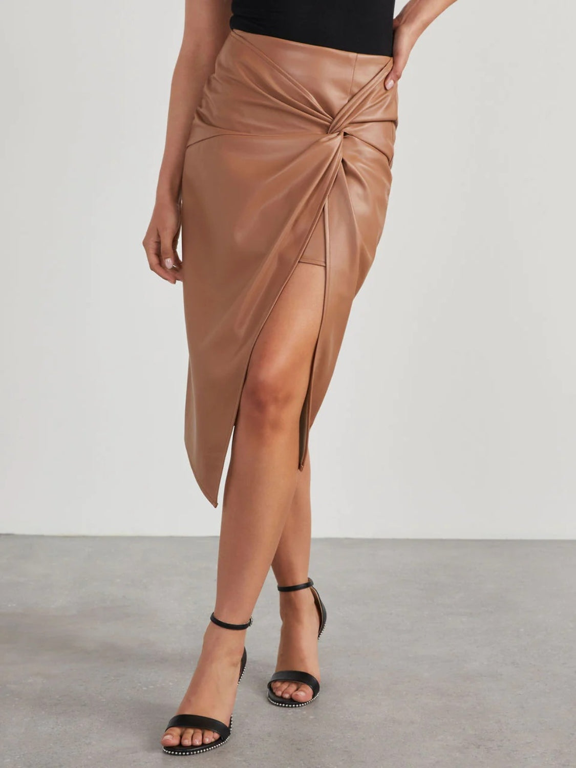 Leather Pencil Open Edge Twist Crossover Detail High Waist Skirt-Black/Brown