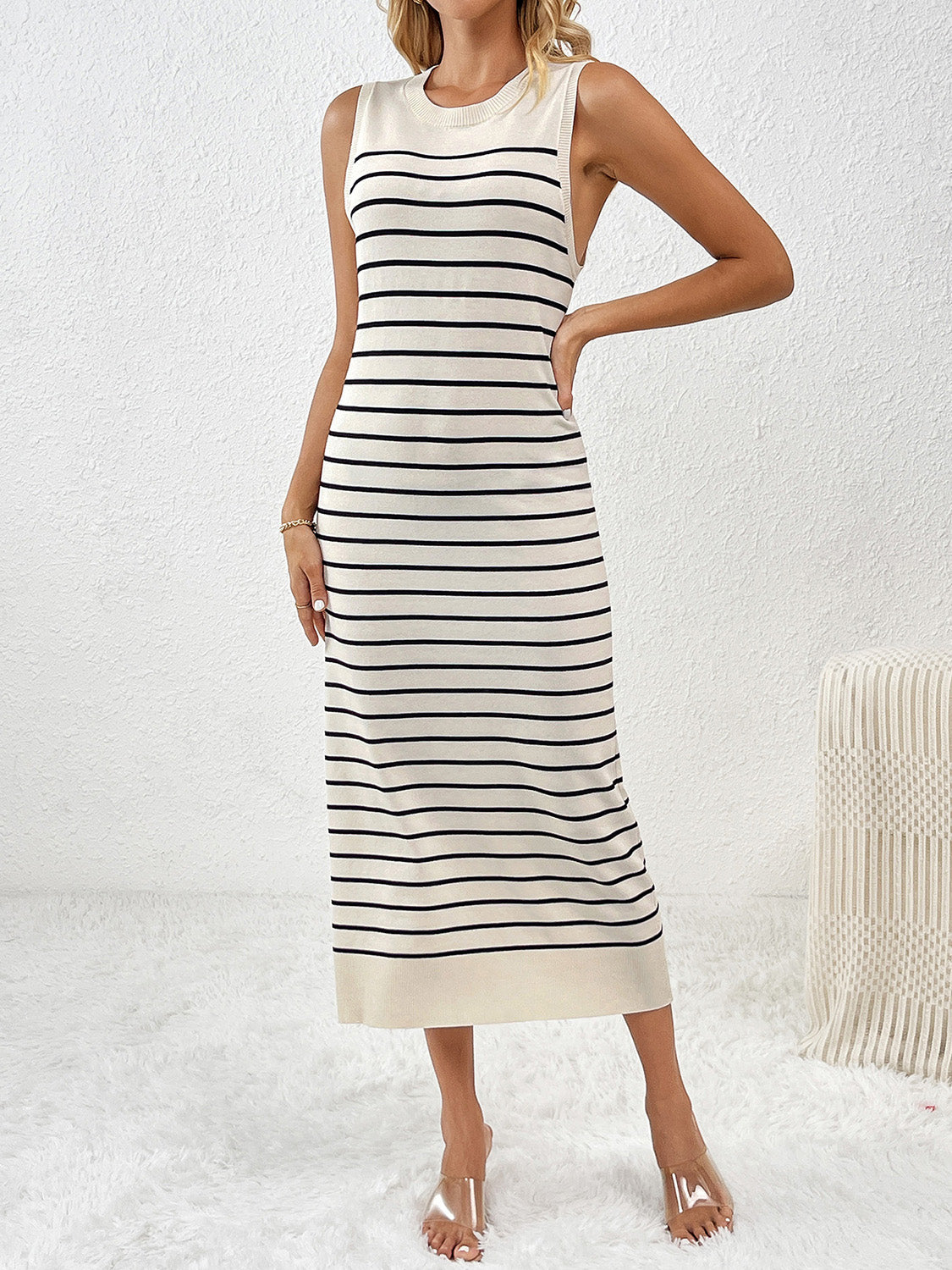 Stipe Casual Round Neck Sleeve Midi Knit Dress
