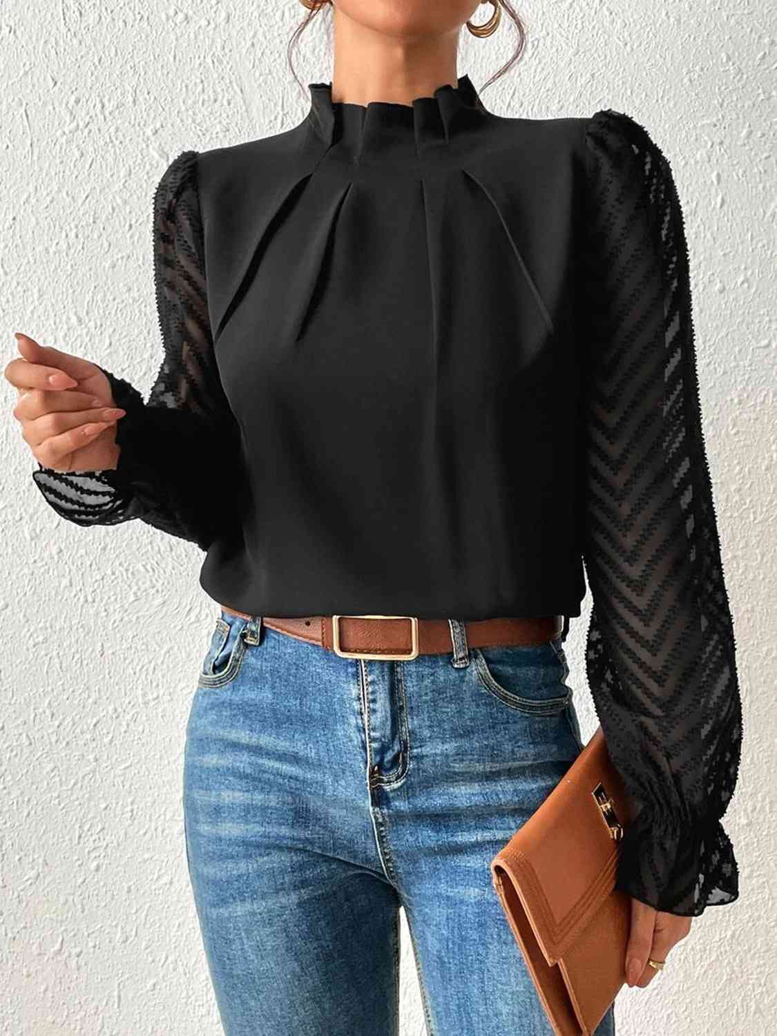 Ruffled Mock Neck anyplace meeting Flounce Sleeve Blouse