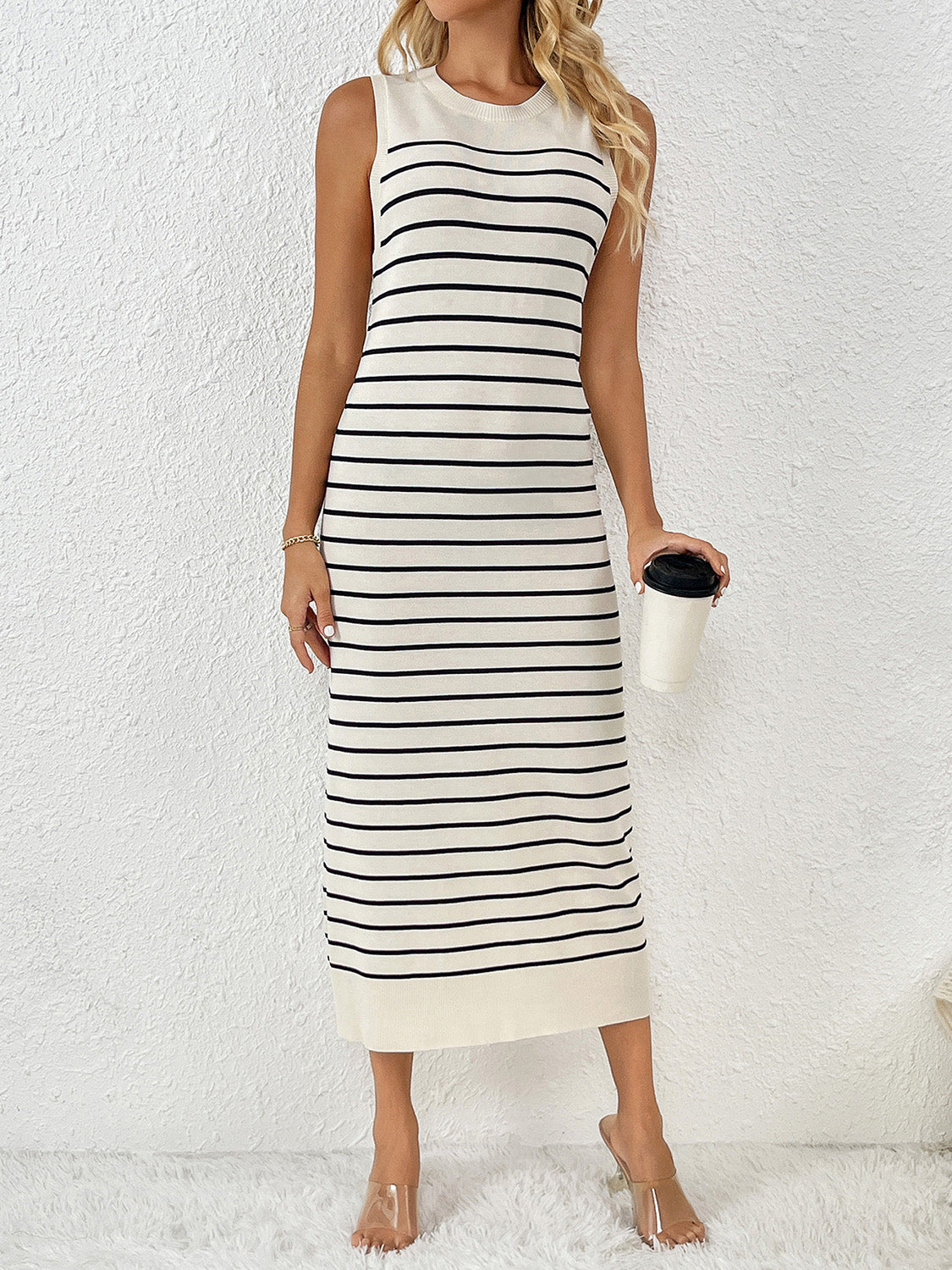 Stipe Casual Round Neck Sleeve Midi Knit Dress