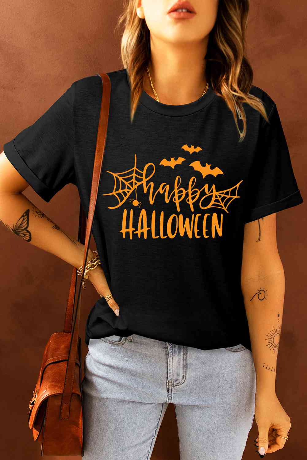 Round Black Neck Short Sleeve HAPPY HALLOWEEN Graphic T-Shirt