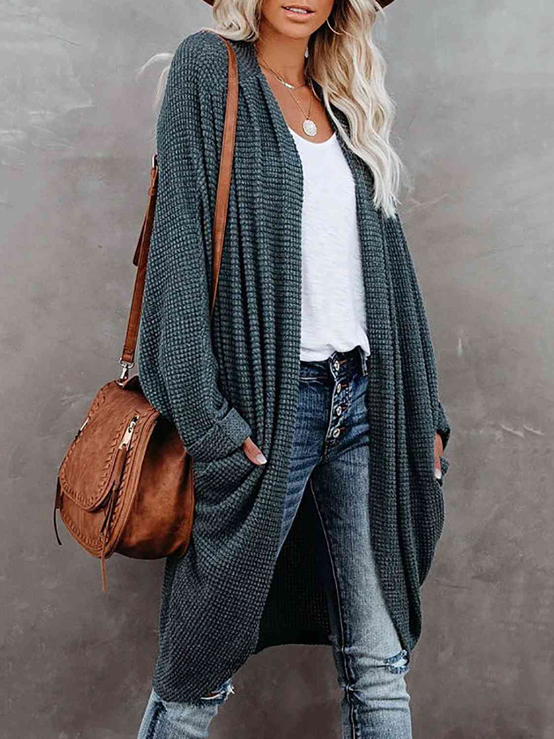 Cream Pink Box Open Front Long Sleeve Cardigan