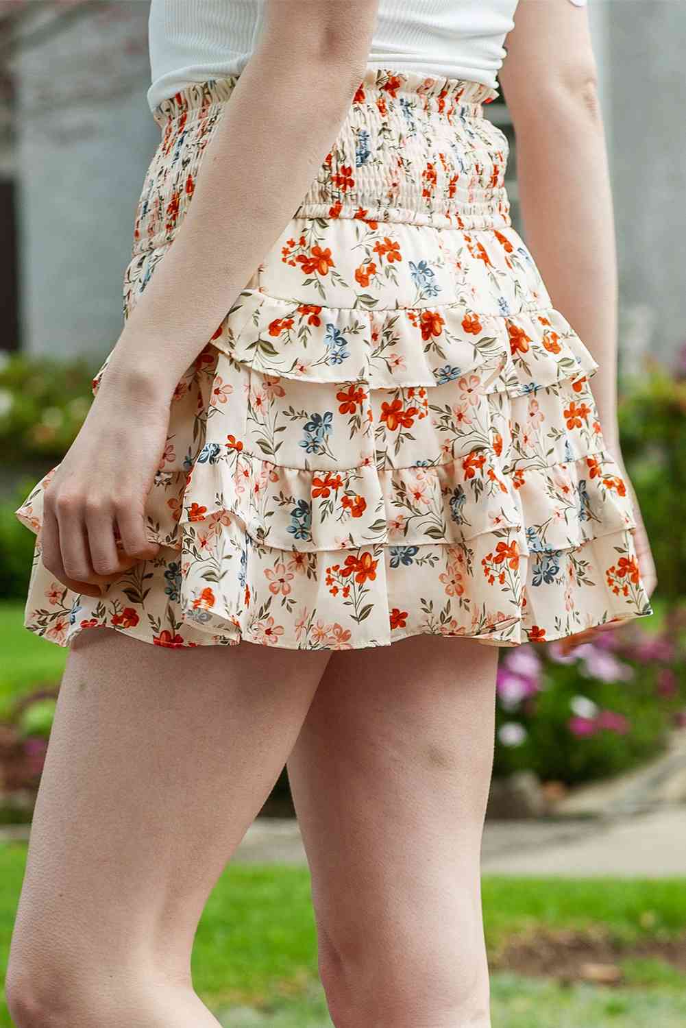 Berry Cute Floral Smocked Waist Layered Skirt