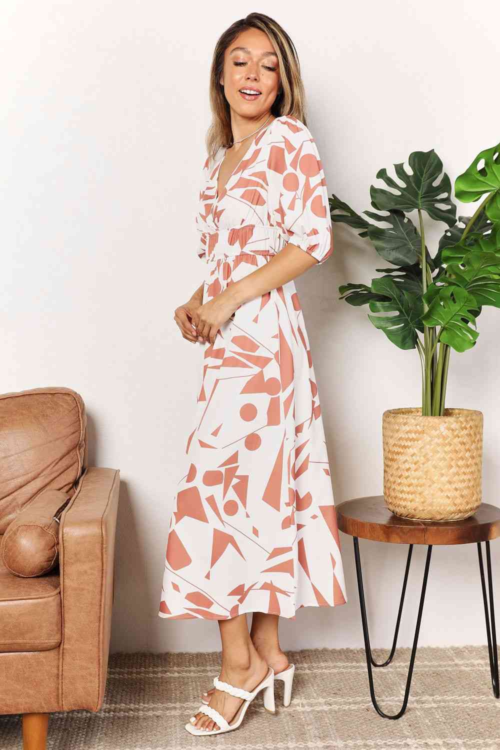 Organic Mud leaves Double Take Printed Surplice Balloon Sleeve Dress