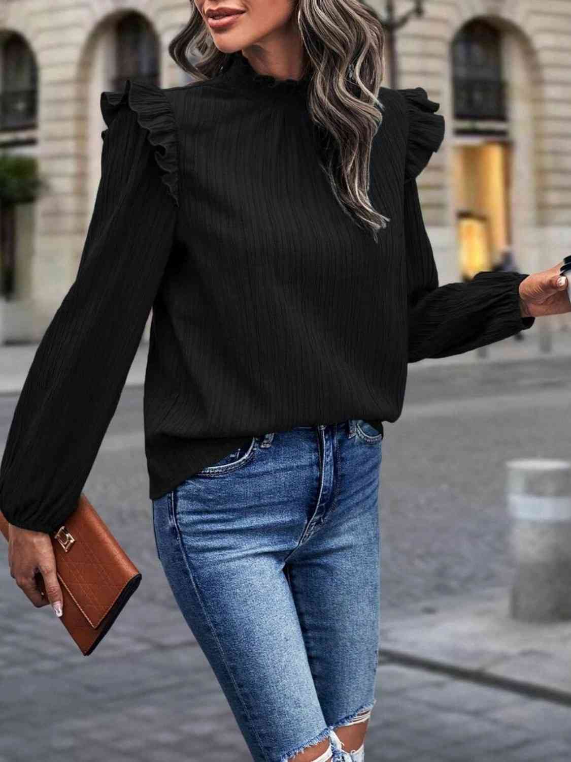 Euro Steps Stamp Memory Mock Neck Ruffle Shoulder Blouse