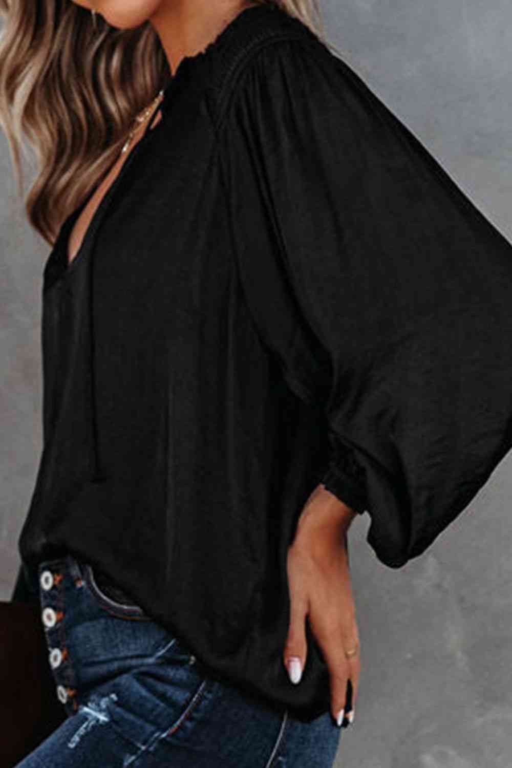 Winkled Sateen Silky Tie Neck Long Sleeve Blouse