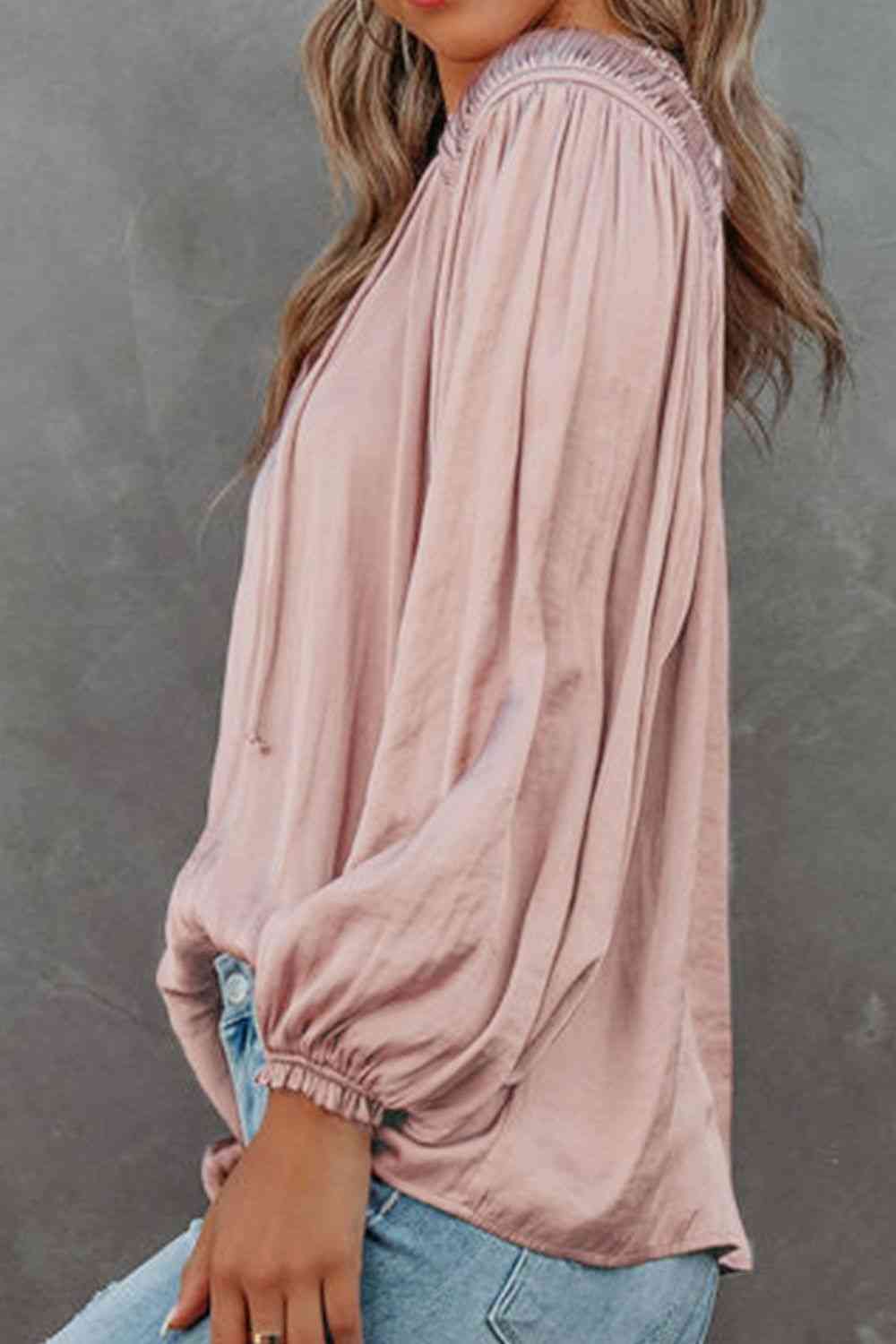 Winkled Sateen Silky Tie Neck Long Sleeve Blouse