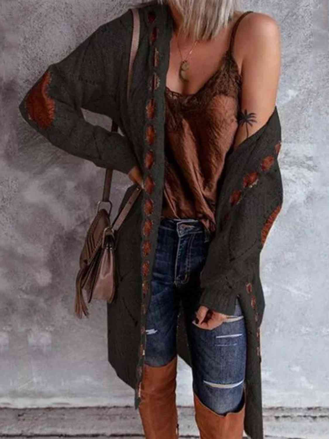 Natural Stylish Openwork Long Sleeve Open Front Hooded Cardigan