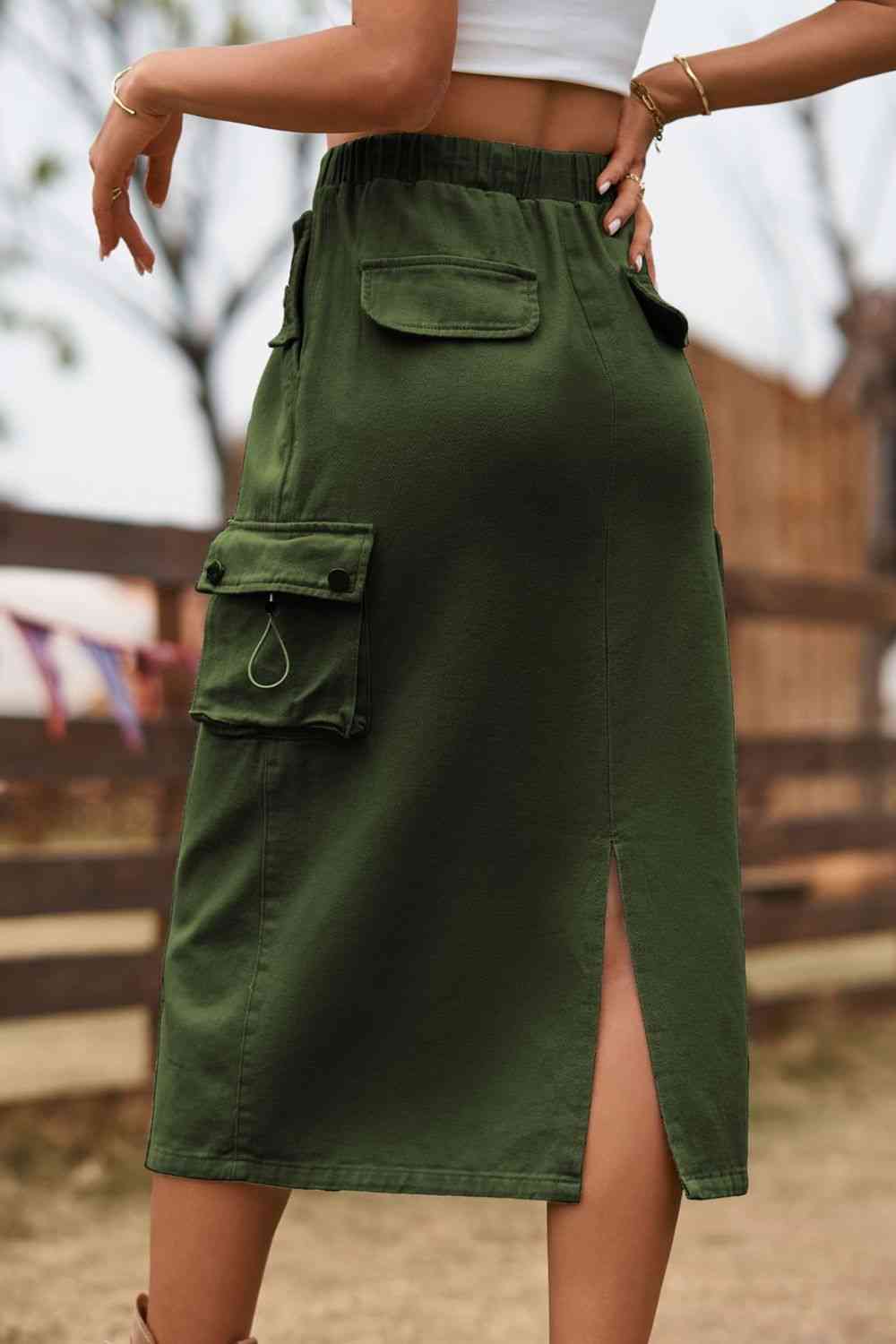 Tan/Green/ Black Pocket Drawstring Waist Slit Denim Skirt