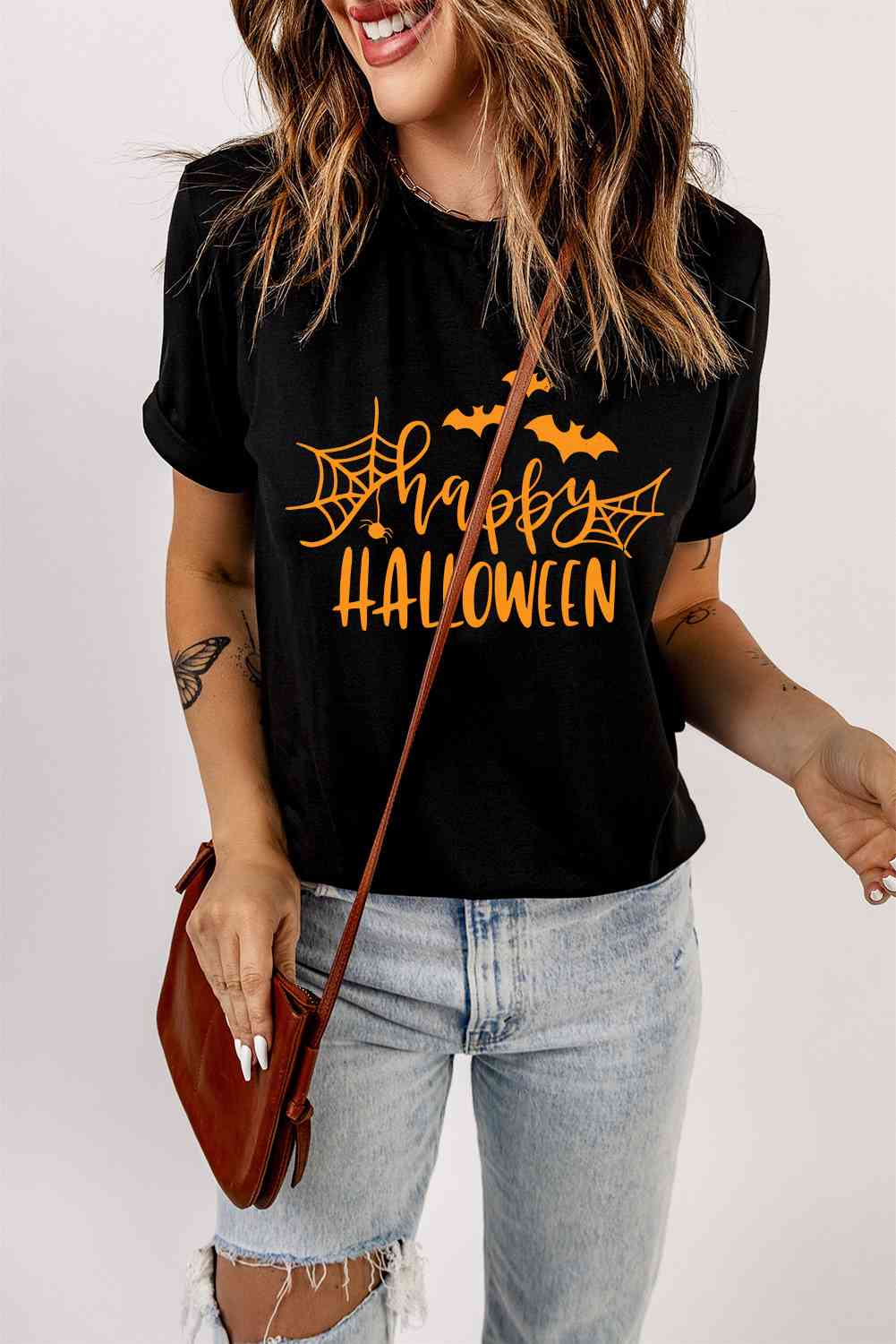 Round Black Neck Short Sleeve HAPPY HALLOWEEN Graphic T-Shirt