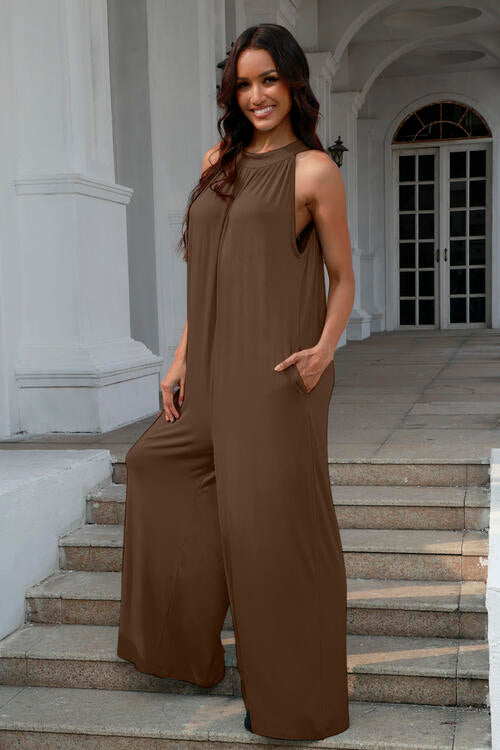Straight Flexible Column Double Take Full Size Tie Back Cutout Sleeveless Jumpsuit