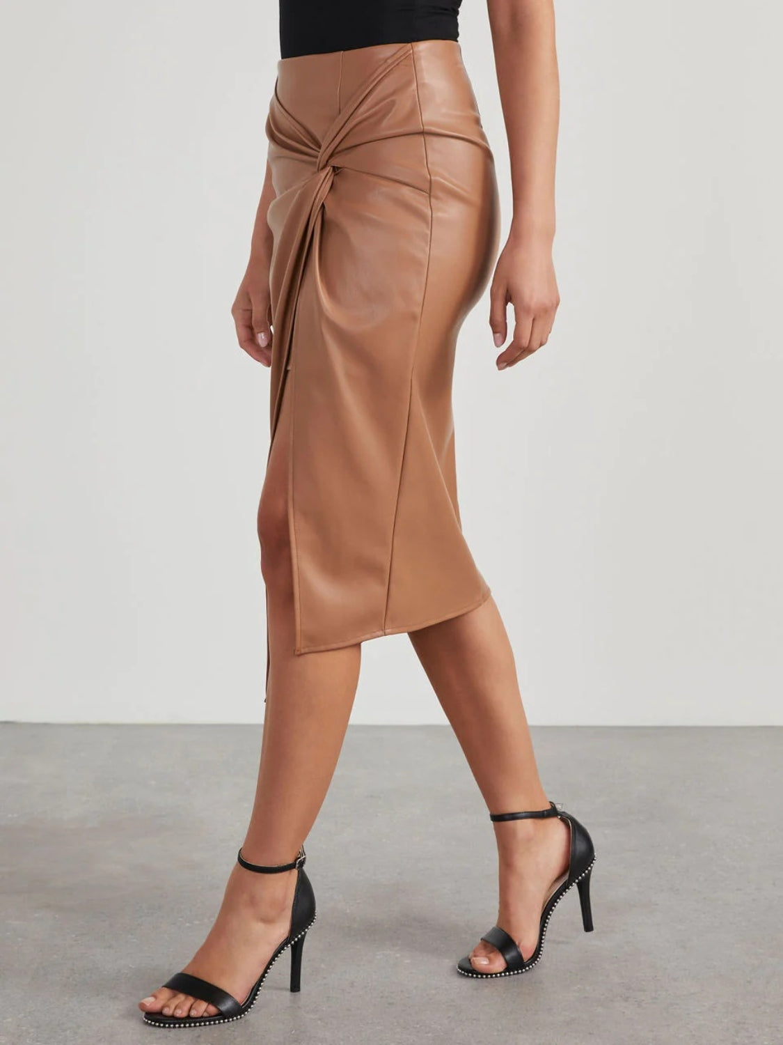 Leather Pencil Open Edge Twist Crossover Detail High Waist Skirt-Black/Brown