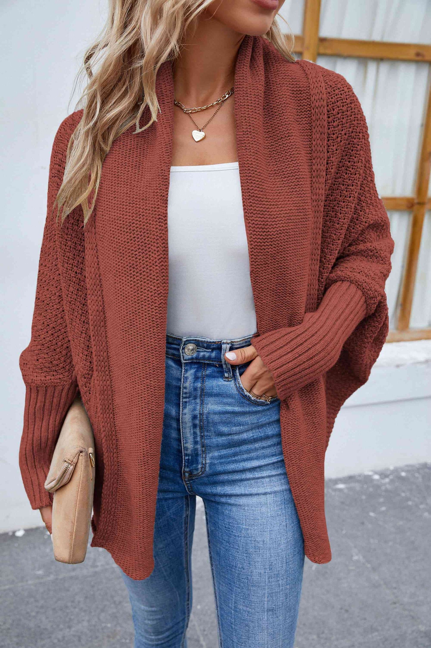 Deep Double Layered Shoulder Feeling Open Front Long Sleeve Cardigan