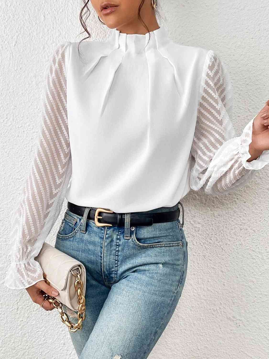 Ruffled Mock Neck anyplace meeting Flounce Sleeve Blouse