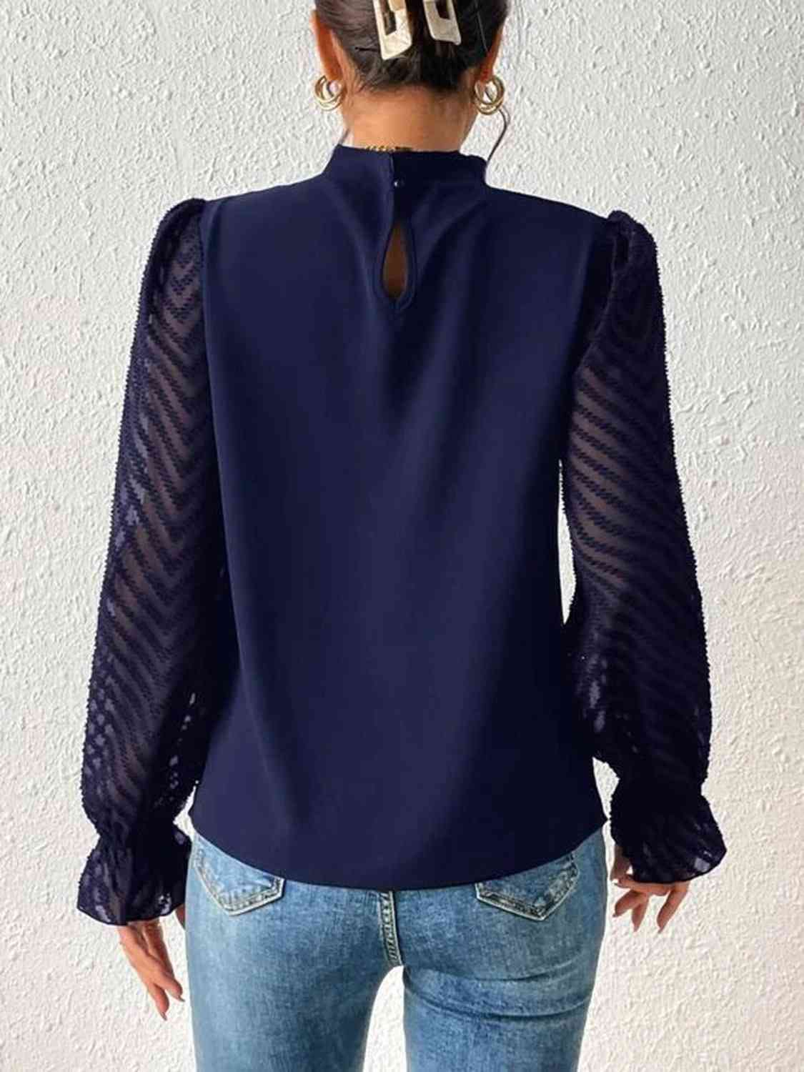 Ruffled Mock Neck anyplace meeting Flounce Sleeve Blouse