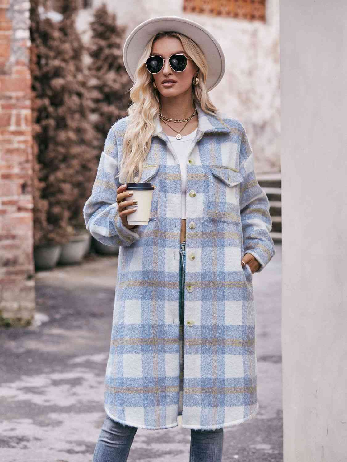 Pink and Light Blue Big Plaid Spring/Fall Dropped Shoulder Slit Shirts Cardigan Coat
