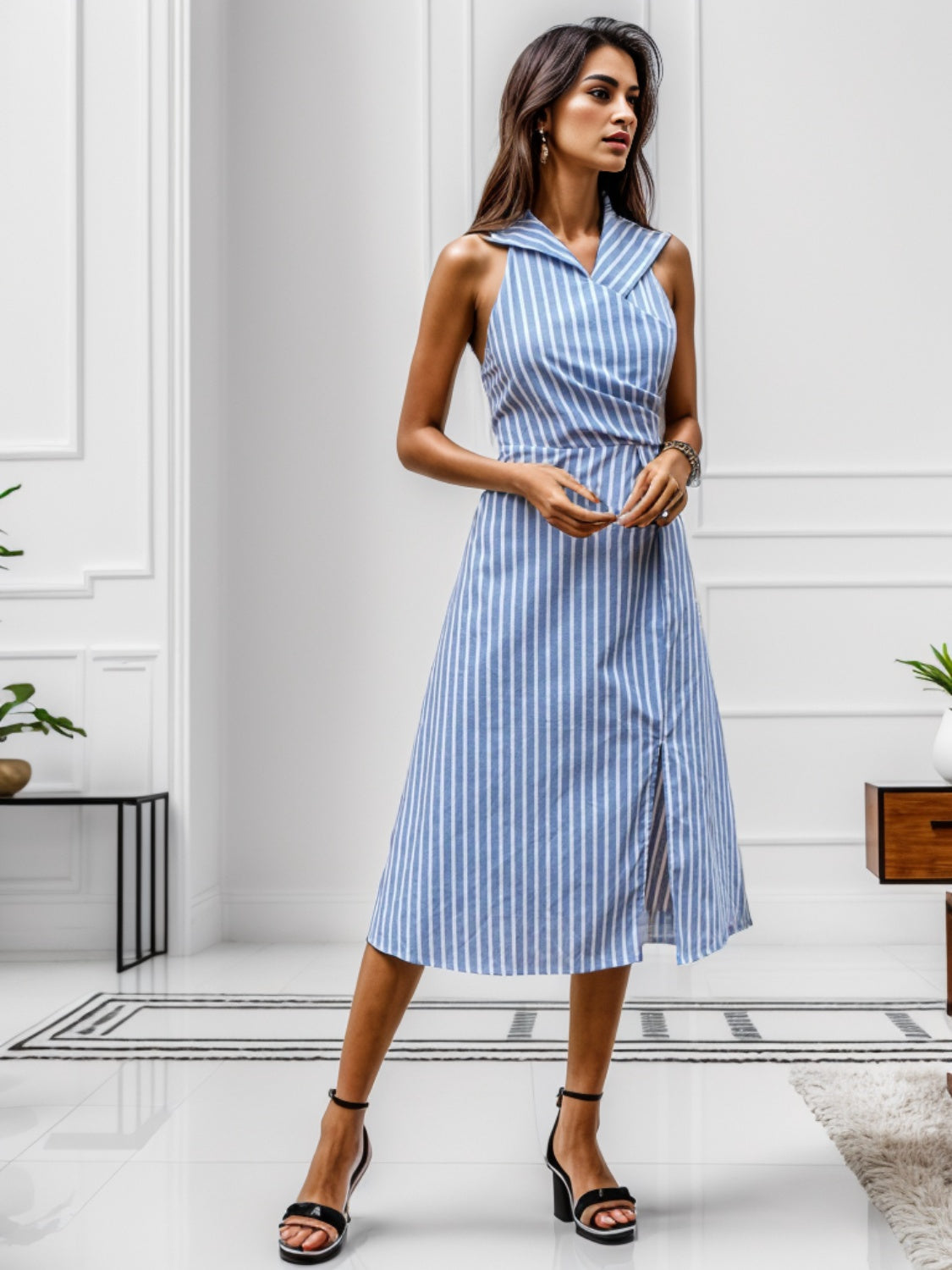 Sailor Collar Slit Striped Sleeveless Midi Dress