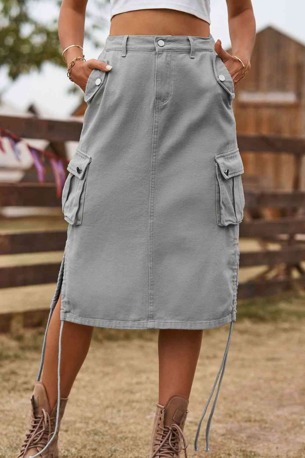 College Drawstring Both Side Pocket Denim Cargo Skirt
