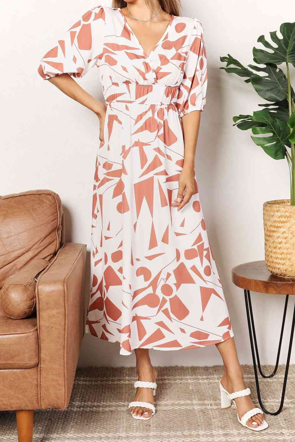 Organic Mud leaves Double Take Printed Surplice Balloon Sleeve Dress