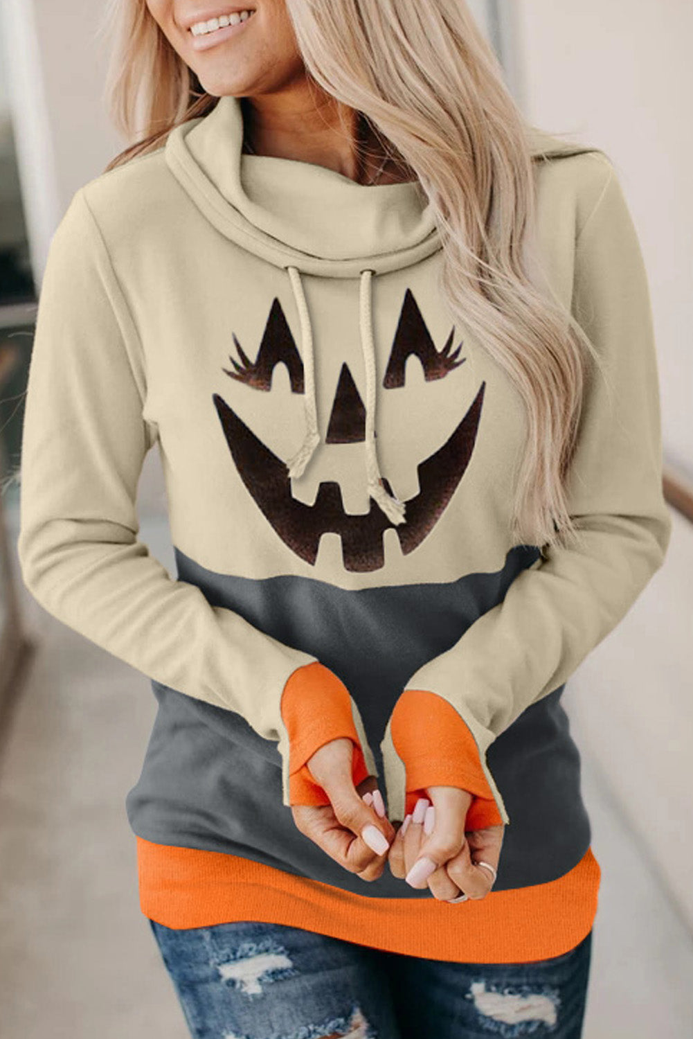 Long Sleeve Jack-O'-Lantern Graphic Cream Beige and Orange Color Match Sweatshirt