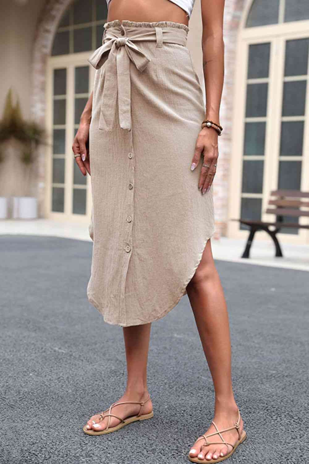 Natural Fabric Tied Belt Frill Trim Buttoned Skirt