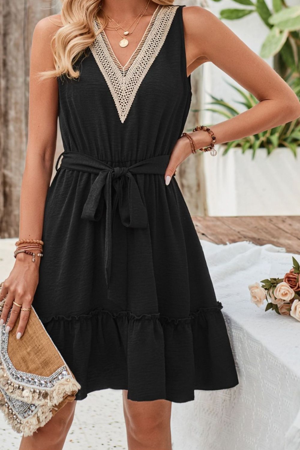 Tied Frill Sleeveless Big V Neck Mini Dress