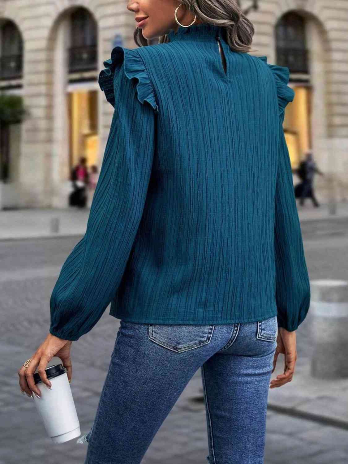 Euro Steps Stamp Memory Mock Neck Ruffle Shoulder Blouse