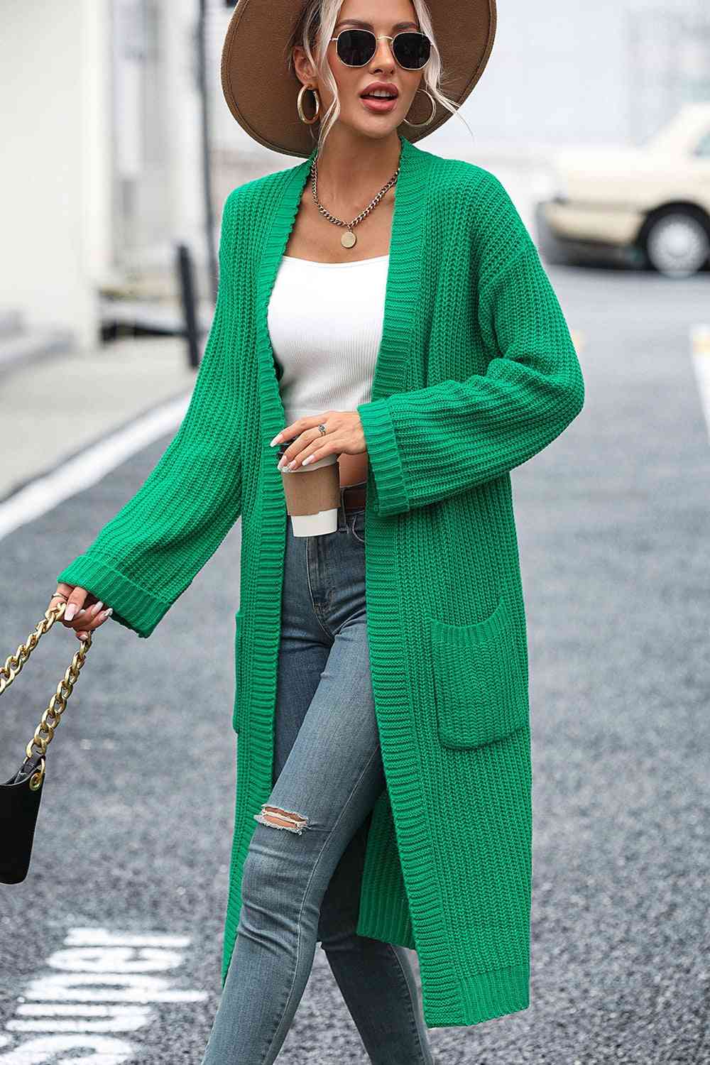 Simple Basic Dropped Shoulder Long Sleeve Cardigan with Pocket
