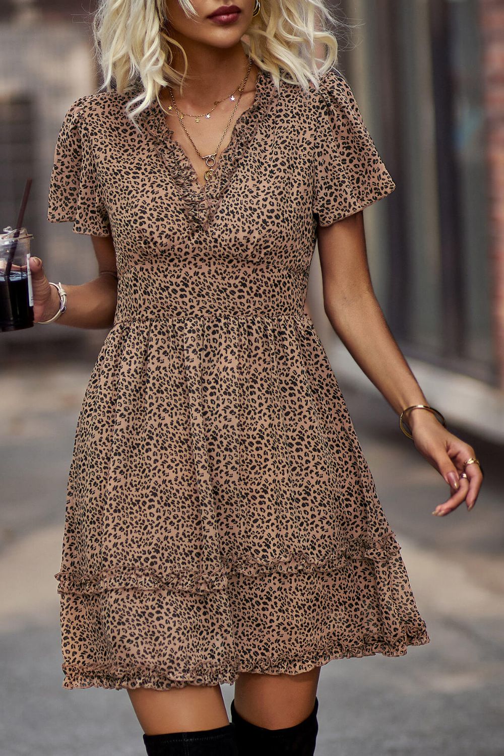 Summer light weight Printed Flutter Sleeve V-Neck Dress