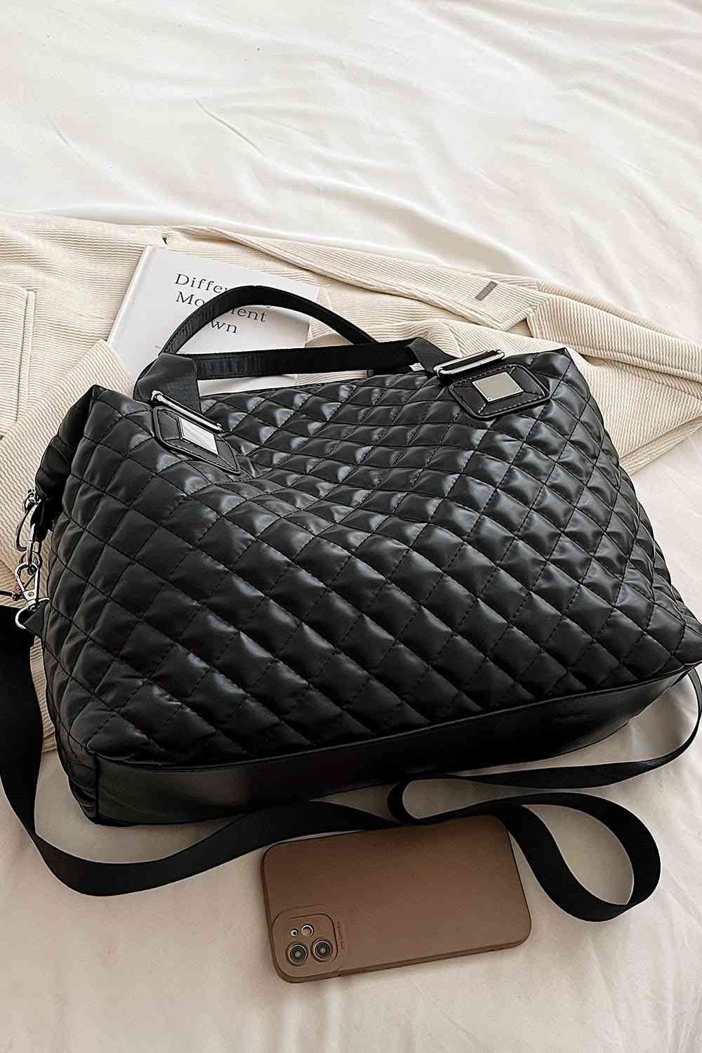 Embossing Squre Metal Button quilted PU Leather Handbag, Black, Brown,Ivory