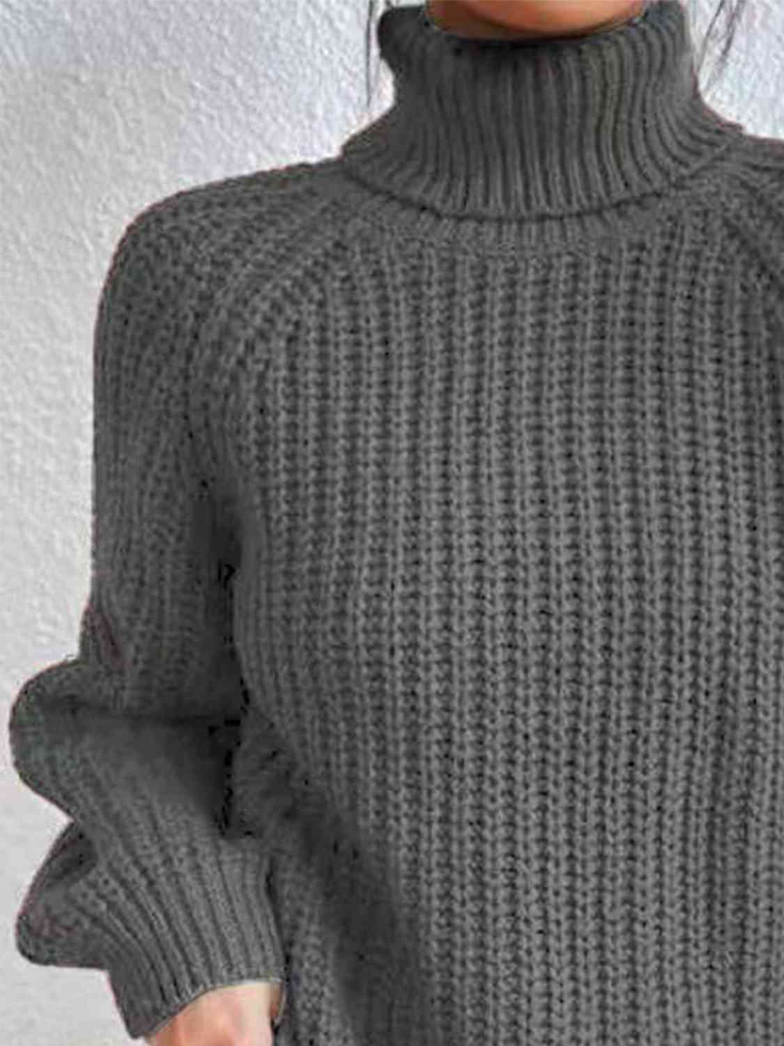 Full Size Turtleneck Rib-Knit Old Classic Forever Slit Sweater