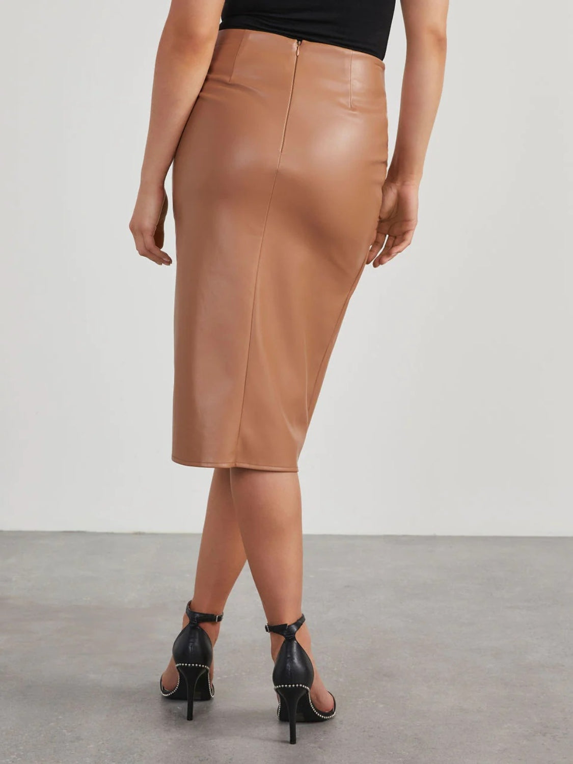 Leather Pencil Open Edge Twist Crossover Detail High Waist Skirt-Black/Brown
